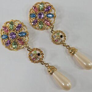 VINTAGE Drop CLIP ON Earrings Gold TONE Faux Pearl Multicolor Gem Floral Design.